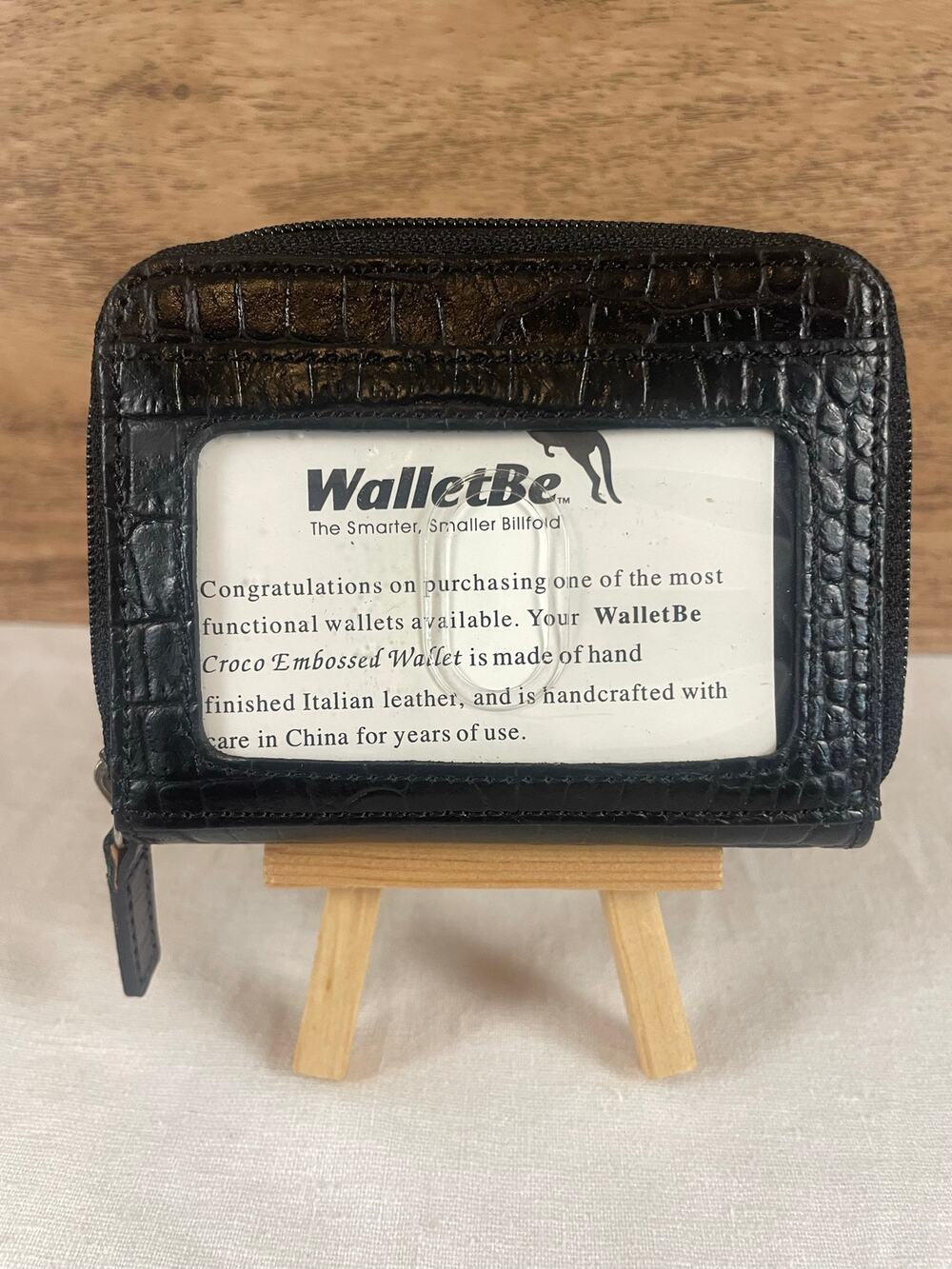 WalletBe Black Croco Embossed Italian Leather Zip Around Accordion Wallet